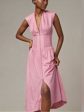 Anthropologie Pink V-Neck Midi Dress with Shirred Waist Panel